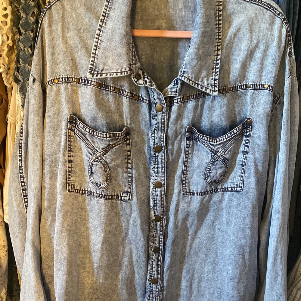 Blue Velvet brand Denim Button Down Shirt with fringe back detail like new